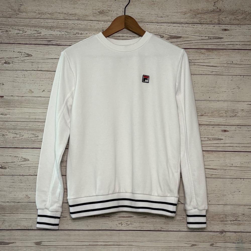 Fila Mens White Striped Trim Crewneck Sweatshirt Embroidered Logo Small